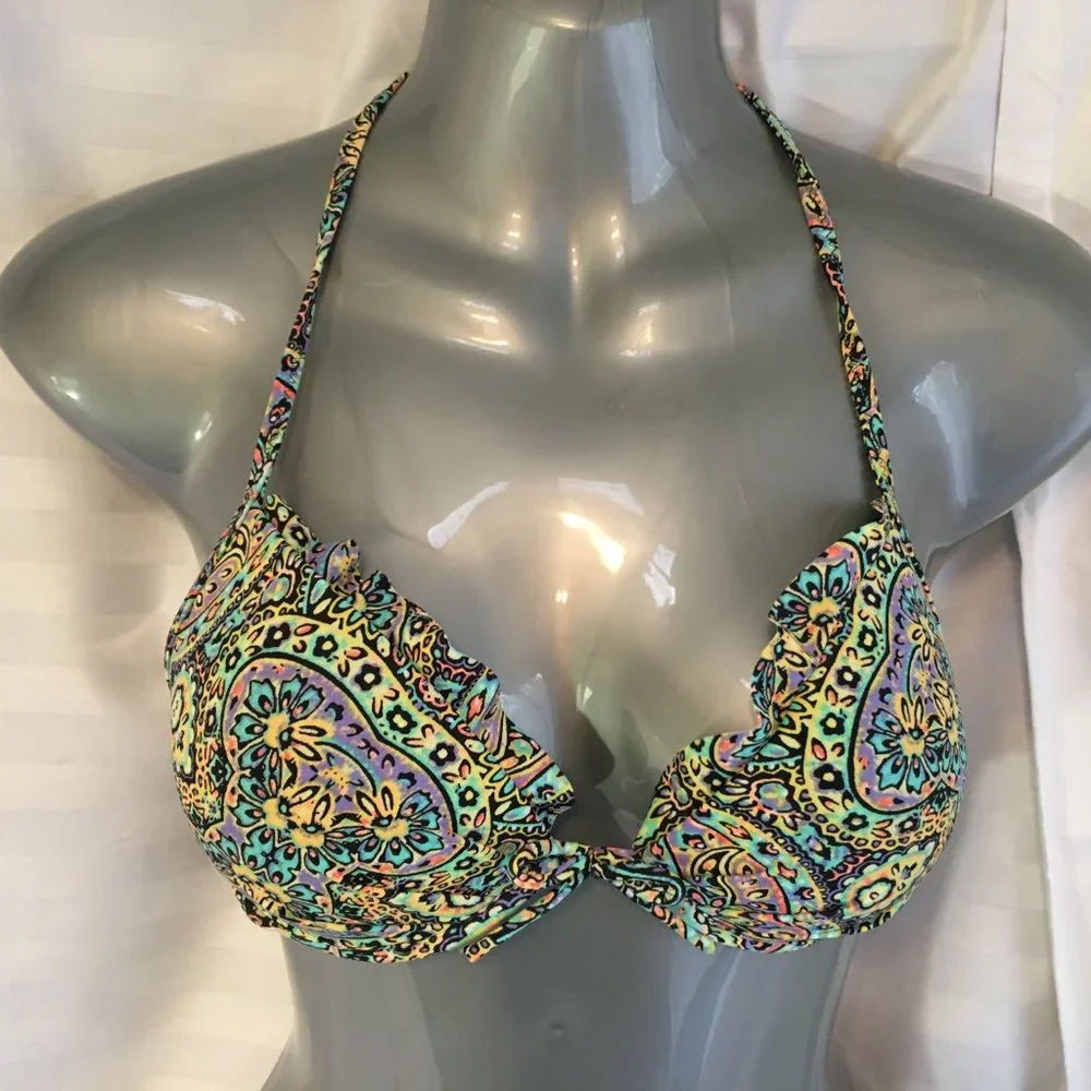 Victoria's Secret Bikini 2 pcs Set Top Sz 32C Bottom Medium Pushup Paisley Boho - Picture 2 of 14
